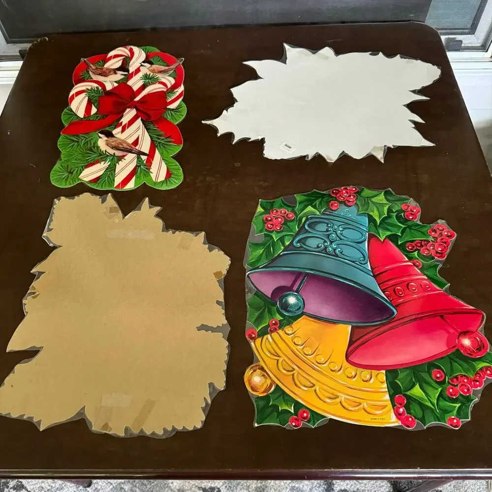 Vintage Christmas Holiday 4 Cut Outs Bell Candy Cane Poinsettia Bird Candle USA